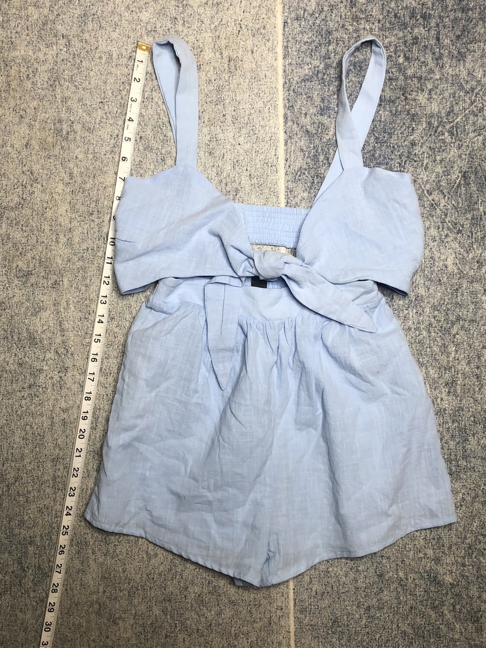 SHEIN Pale Blue Tie-Front Linen-Look Romper